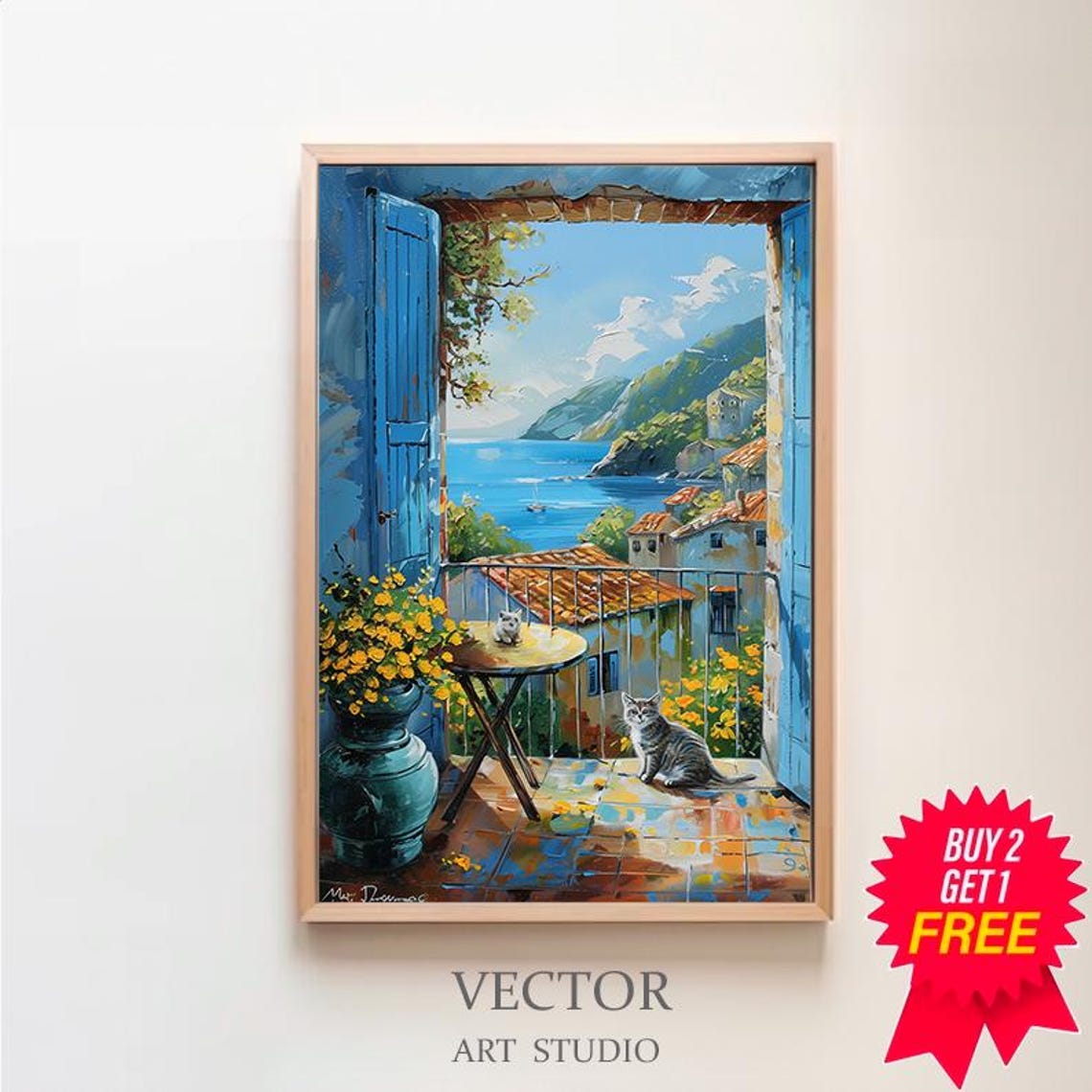 Tabby Cat on an Italian Coast Balcony with Yellow Flowers Art Poster
