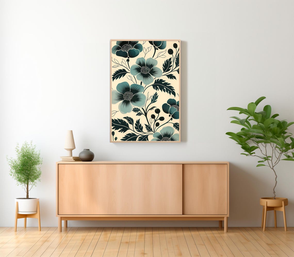 Sage Green Folk Flowers on Cream Boho Botanical Style Poster - Image 2
