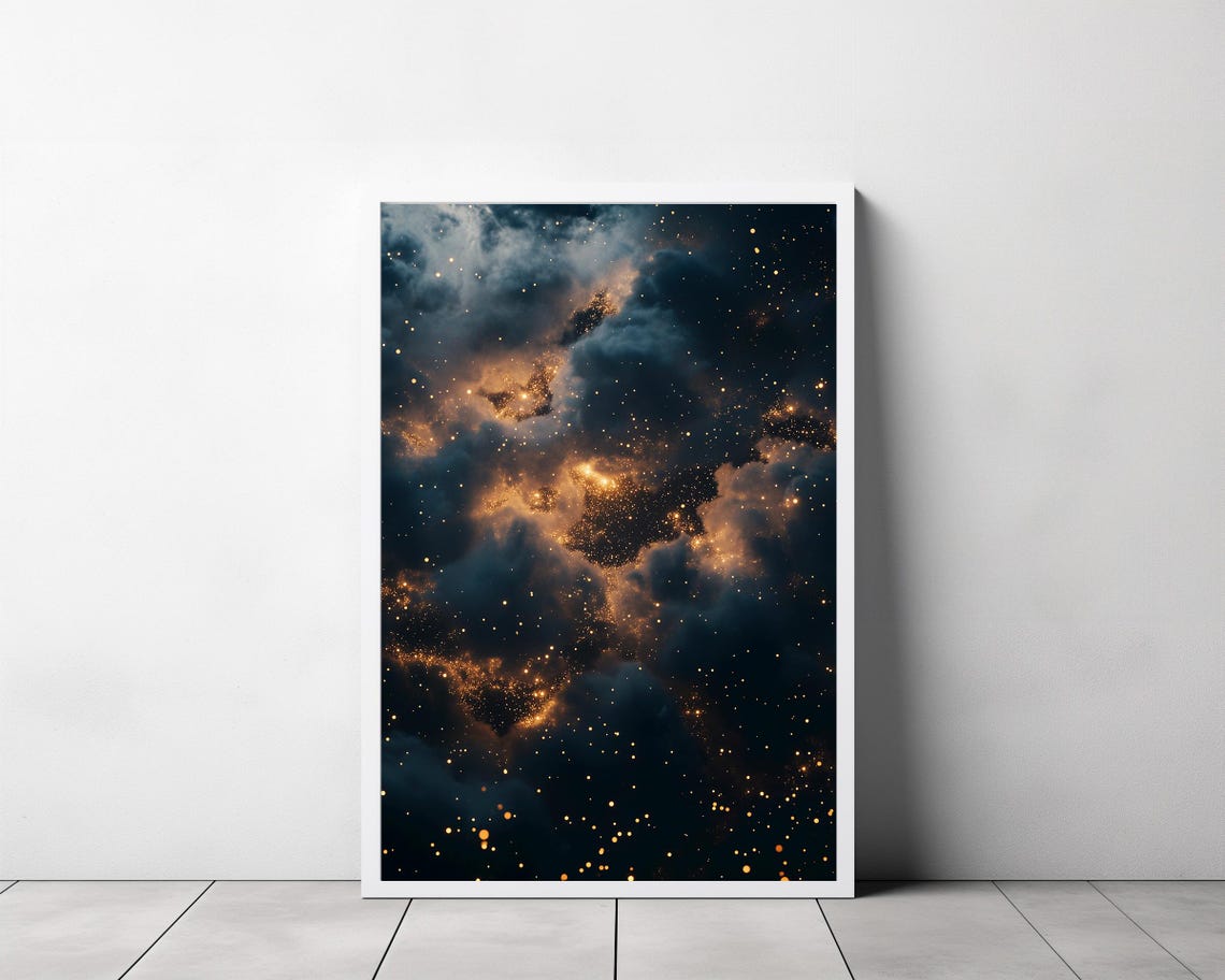 Midnight Starry Night Sky with Golden Stars Over Dark Clouds Poster - Image 3