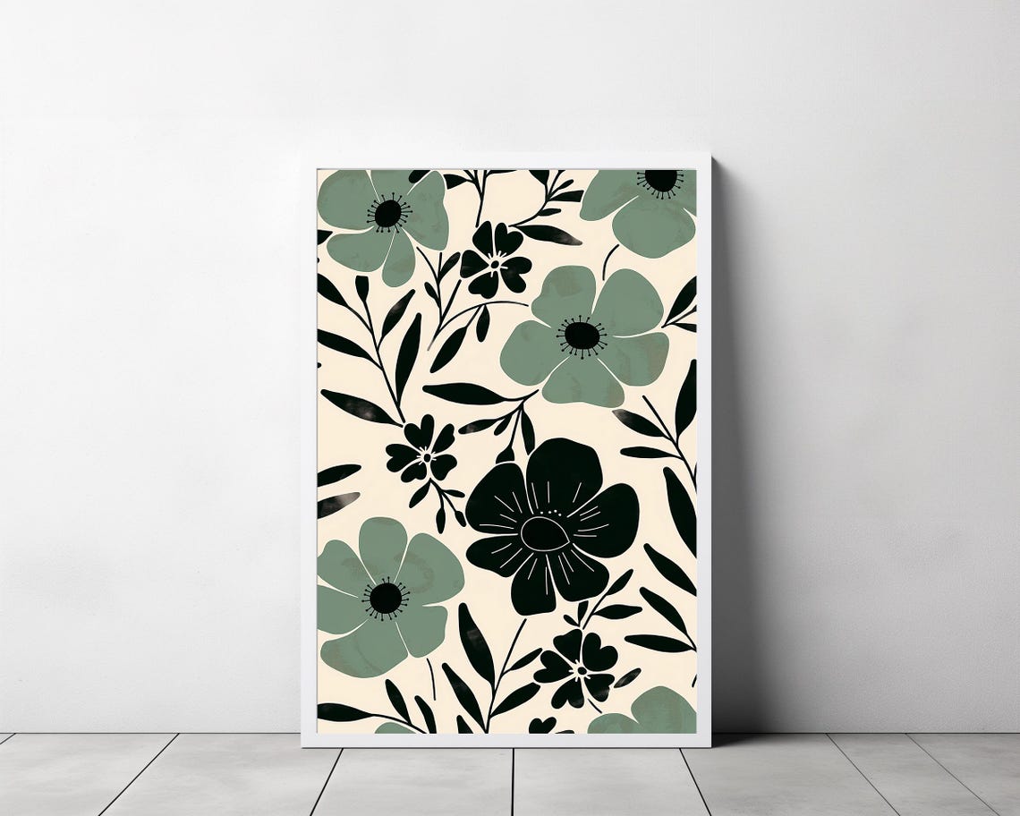 Sage Green and Black Anemone Flowers on Cream Botanical Pattern Print - Image 3