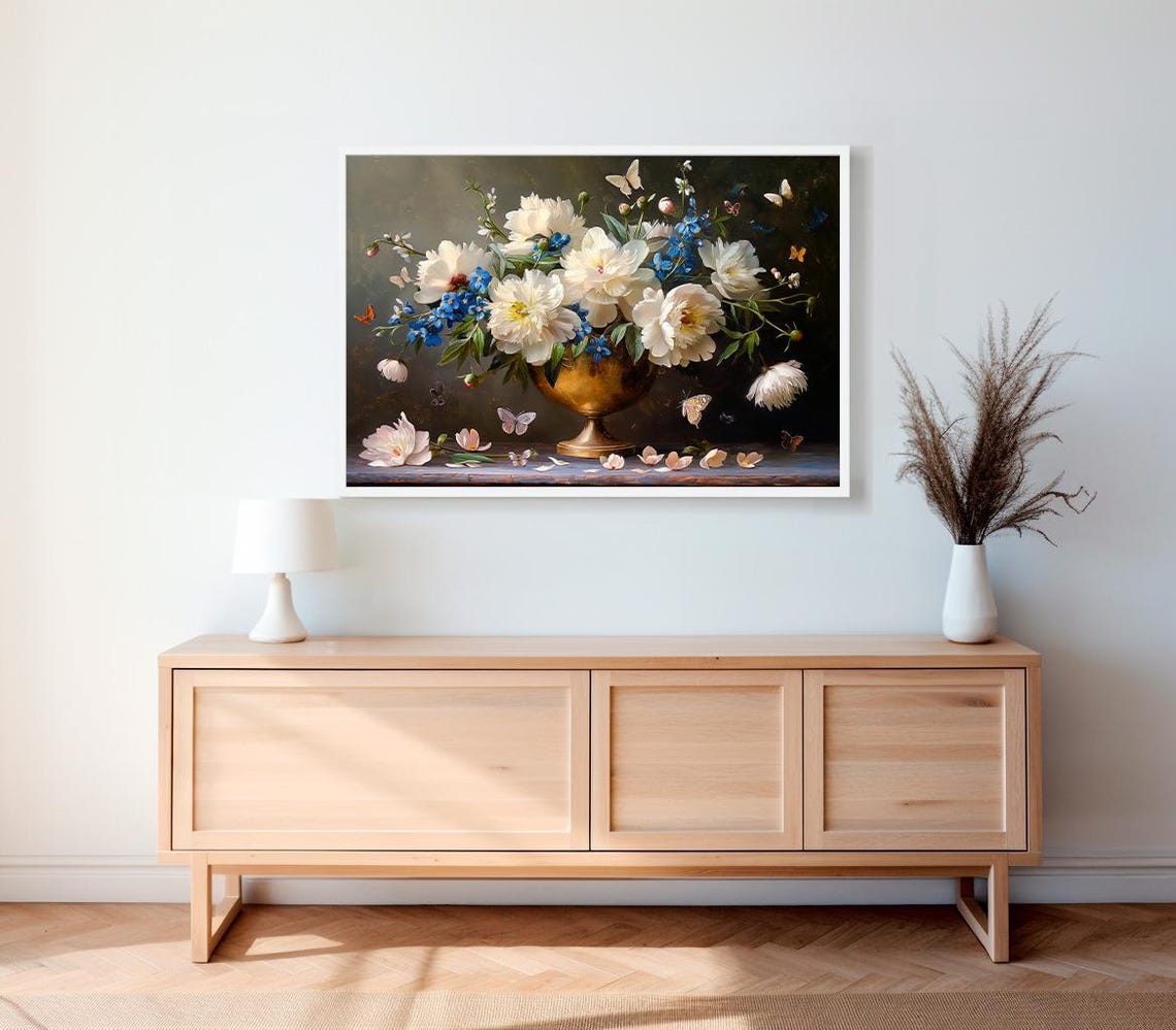 Moody Floral Tv Background Frame Tv Art Moody Flowers Blue Frame Tv Art Vintage Flower Still Life Farmhouse Painting Dark - Image 2