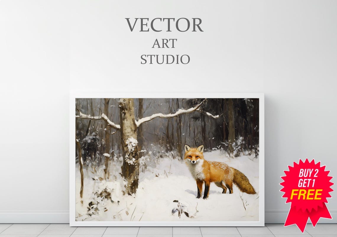 Red Fox Standing In Snowy Birch Forest Vintage Winter Art Poster - Image 3