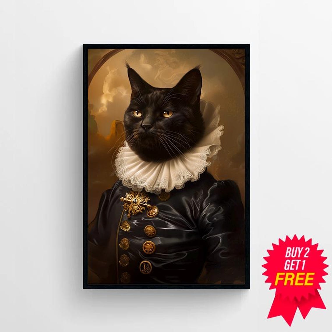 Noble Black Cat in Ruff with Gold Star Medal Baroque Style Poster - Image 4