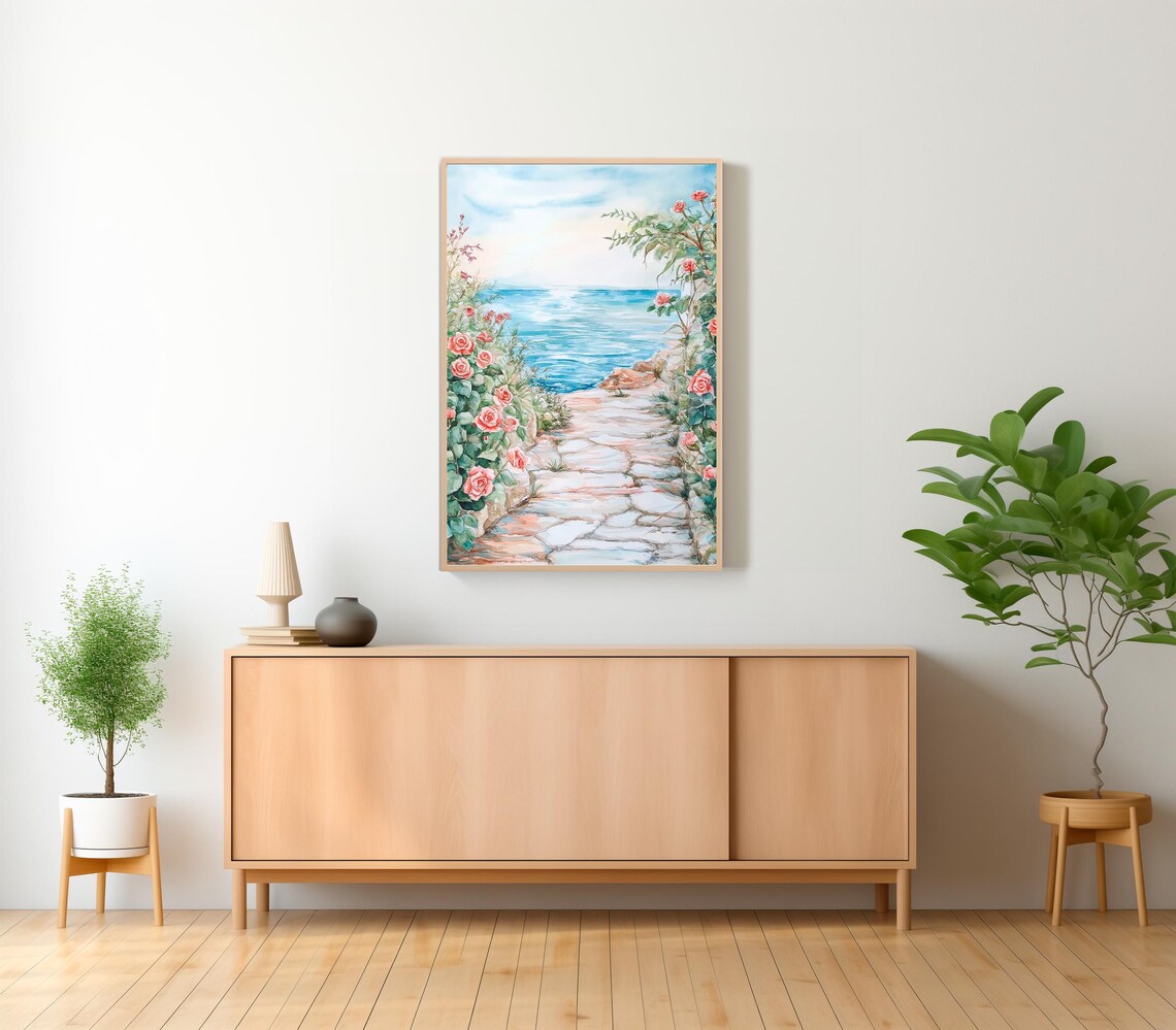 Stone Garden Path With Roses Leading to the Sea Watercolor Poster - Image 2