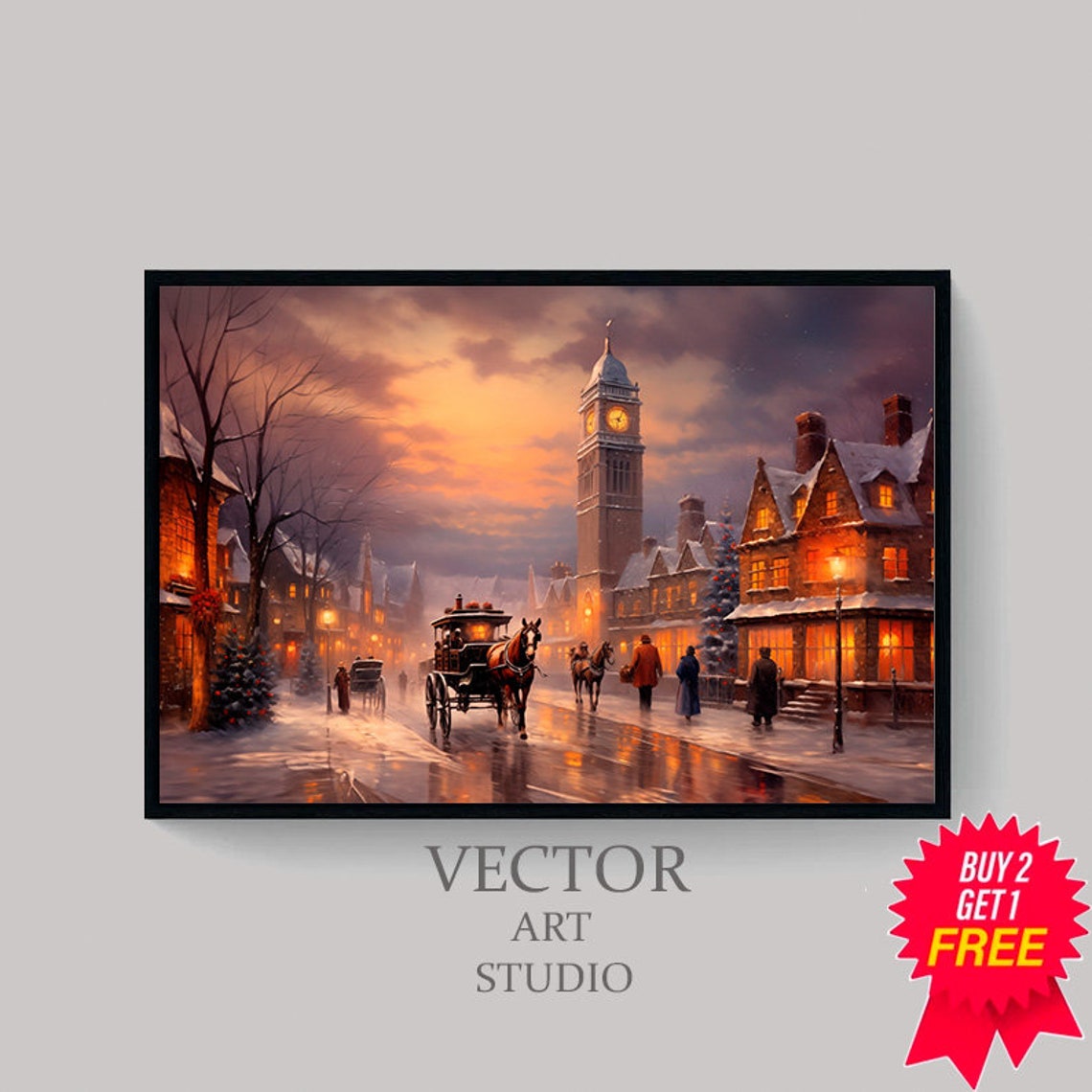 Victorian Christmas Town at Dusk With Clock Tower and Carriage Poster - Image 4