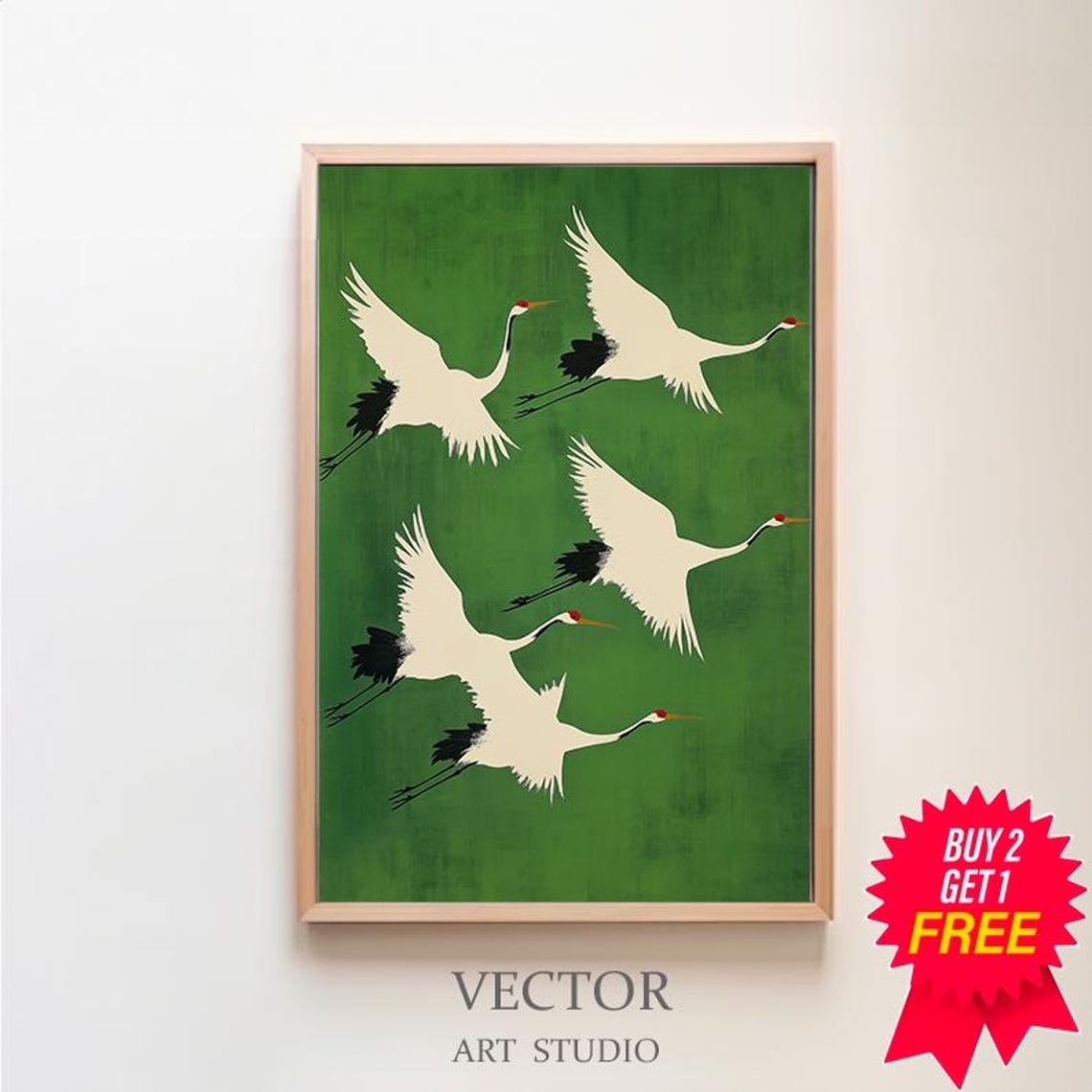 Four Japanese Red-Crowned Cranes in Flight on Emerald Poster