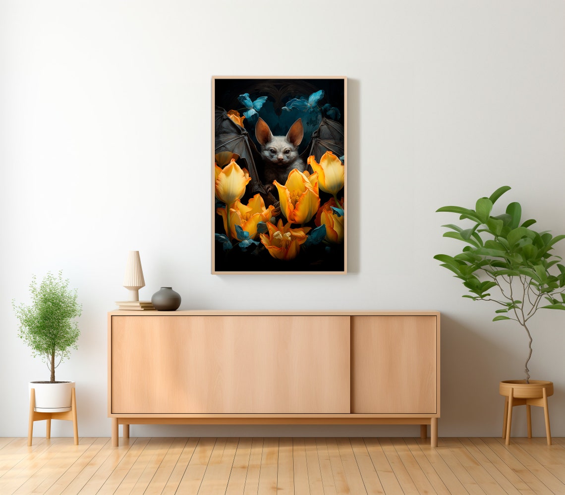 Whimsical Fruit Bat Among Golden Tulips Dark Botanical Art Poster - Image 2