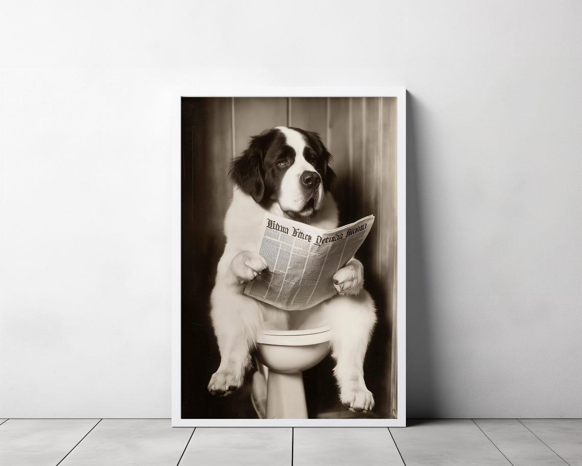 Saint Bernard Puppy On Toilet Reading Newspaper Sepia Photo Poster - Image 3