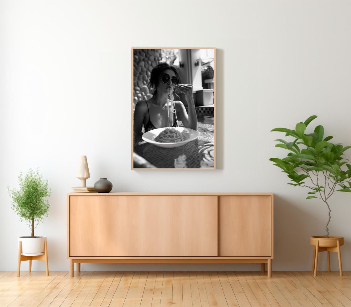 Stylish Woman Eating Spaghetti Poolside Black And White Print - Image 2
