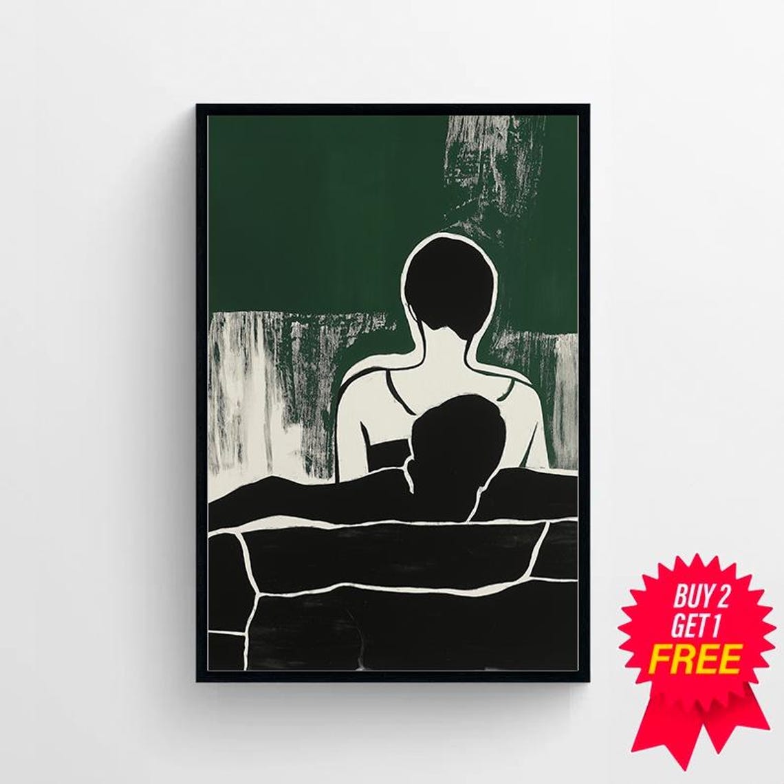 Abstract Black Silhouette Couple Reclining on Emerald Green Poster - Image 4