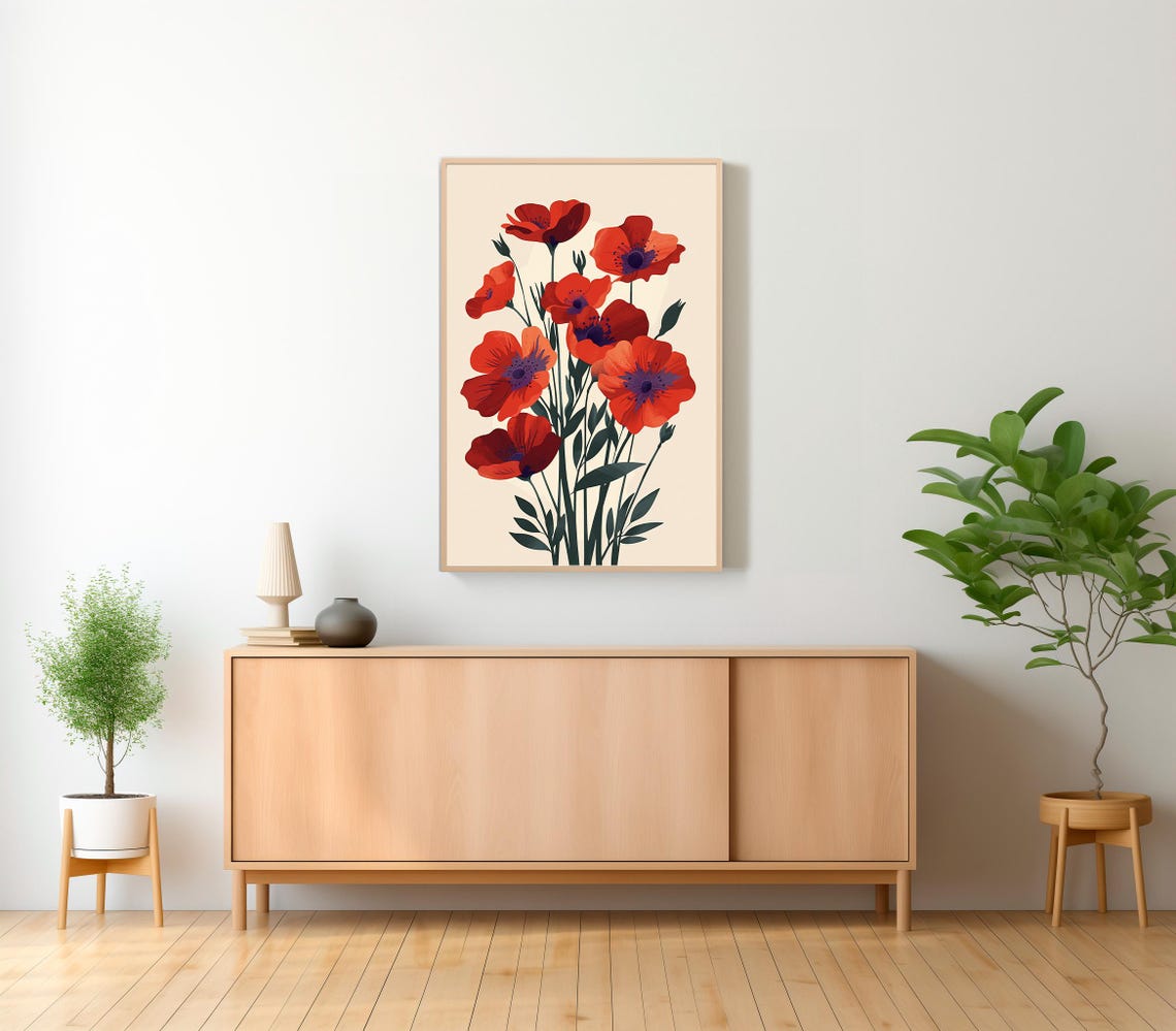 Vintage Red Poppy Bouquet on a Cream Background Bold Floral Poster - Image 2