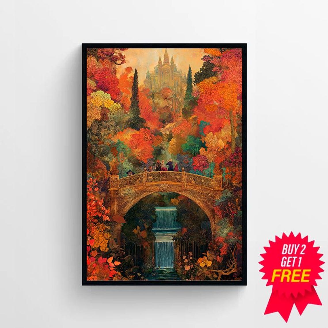 Autumn Forest Waterfall Castle Bridge Enchanting Fantasy Art Poster - Image 4