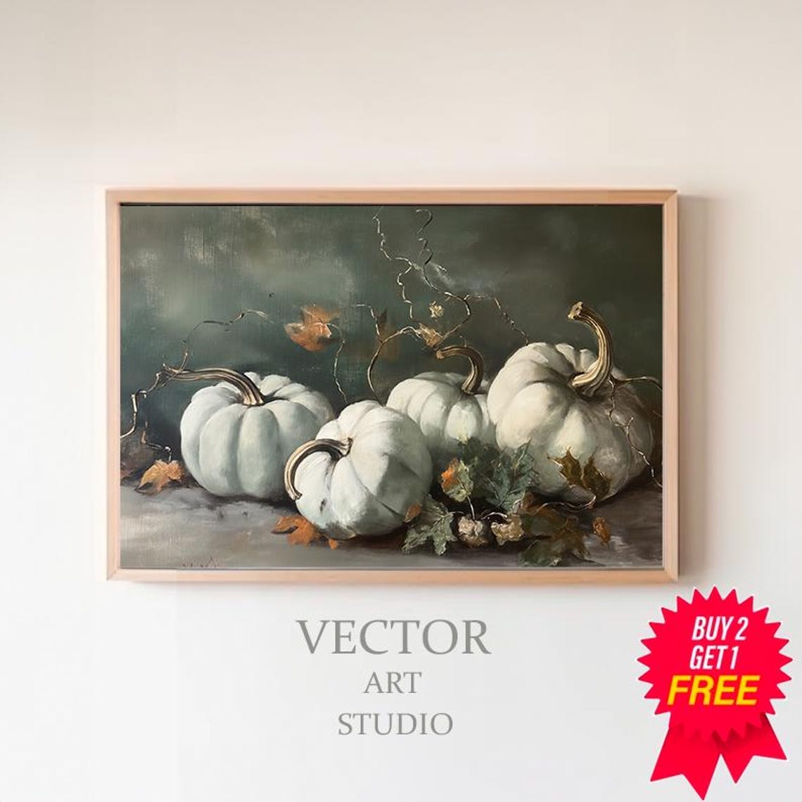 White Pumpkin Cluster With Vines Dark Moody Still Life Poster