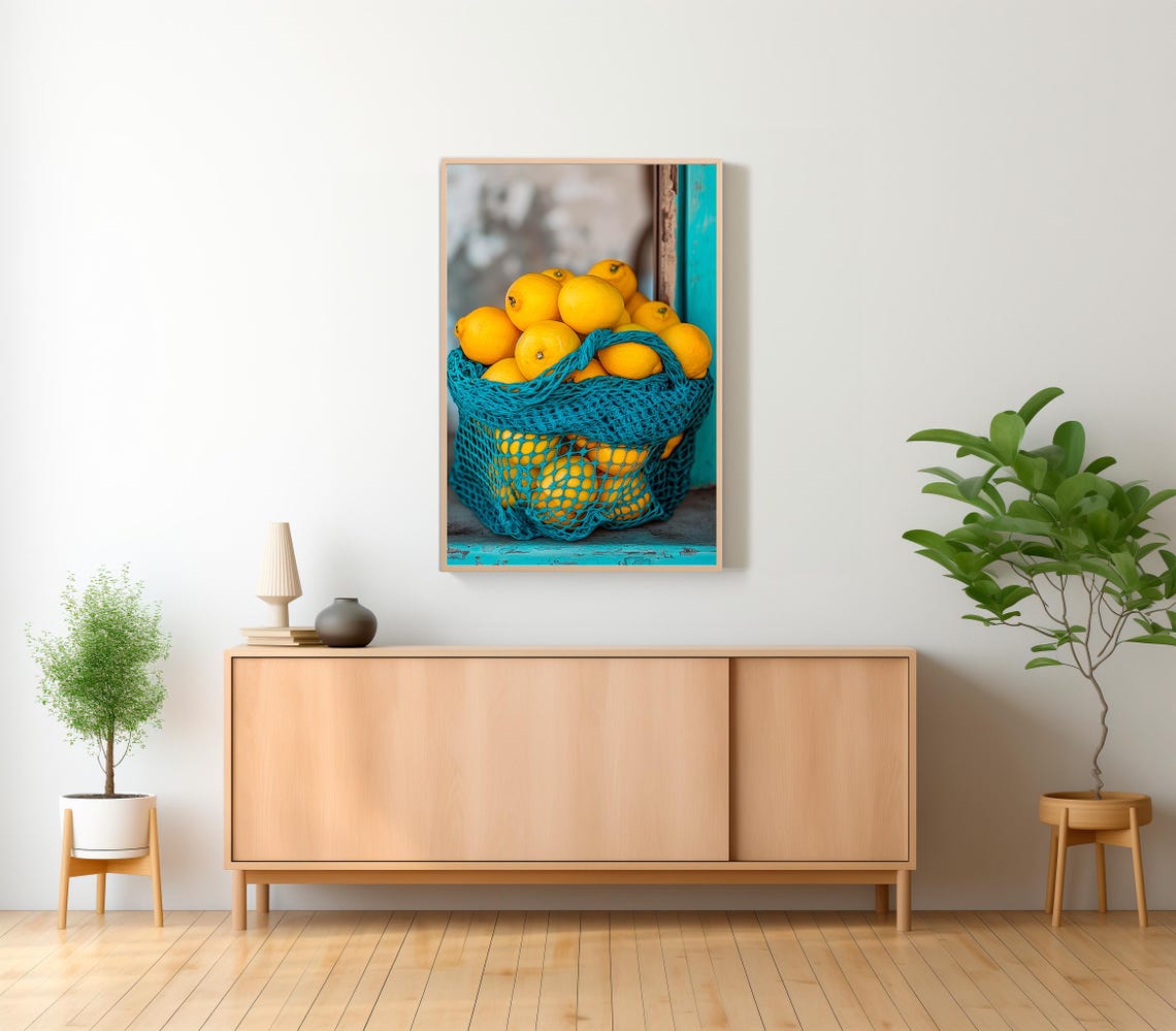 Lemons in a Teal Net Bag on a Turquoise Windowsill Kitchen Poster - Image 2