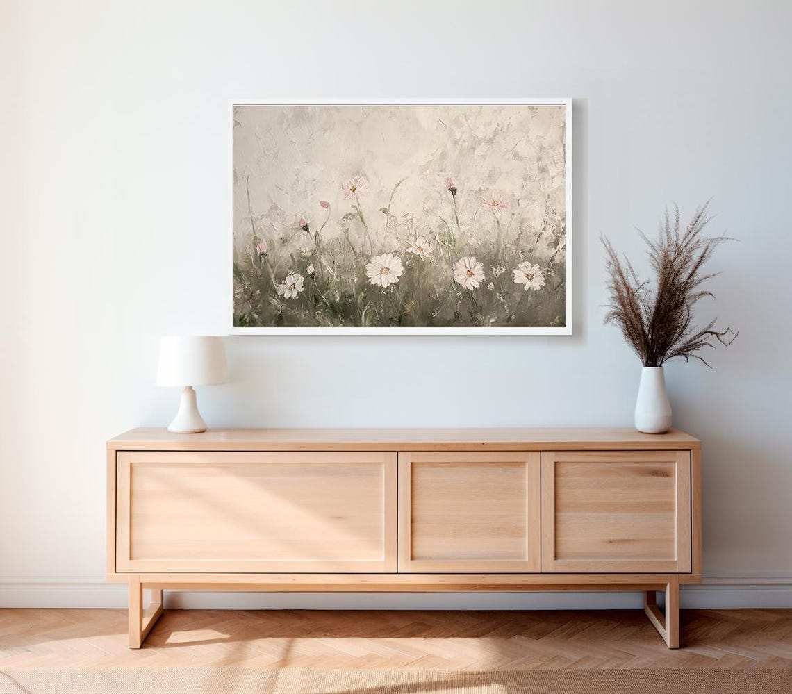 Delicate White Cosmos Flowers on a Soft Textured Beige Canvas Poster - Image 2