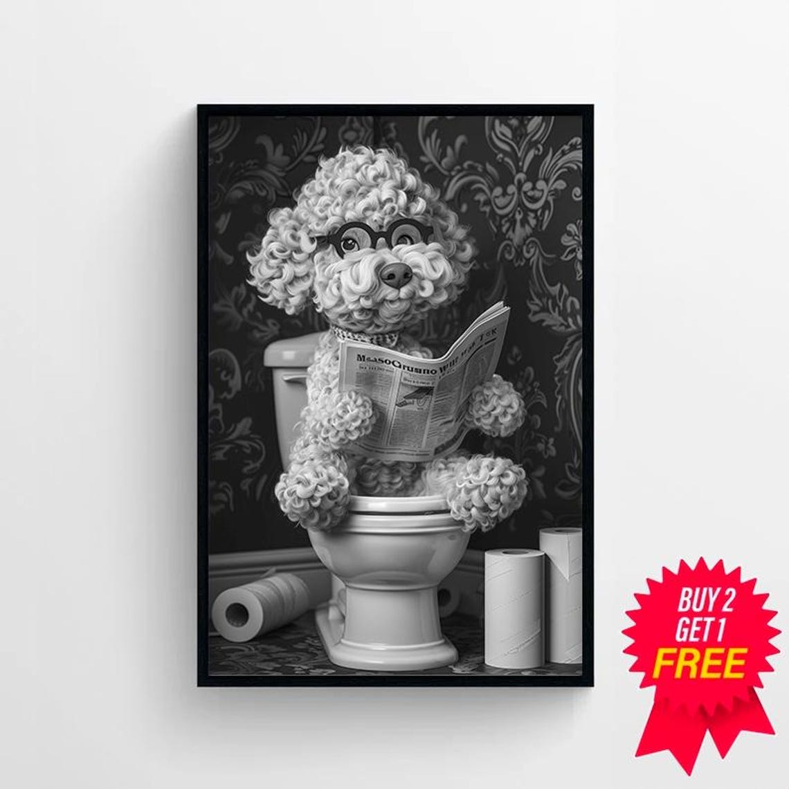 Funny Black and White Cockapoo Reading Newspaper on Toilet Poster - Image 4