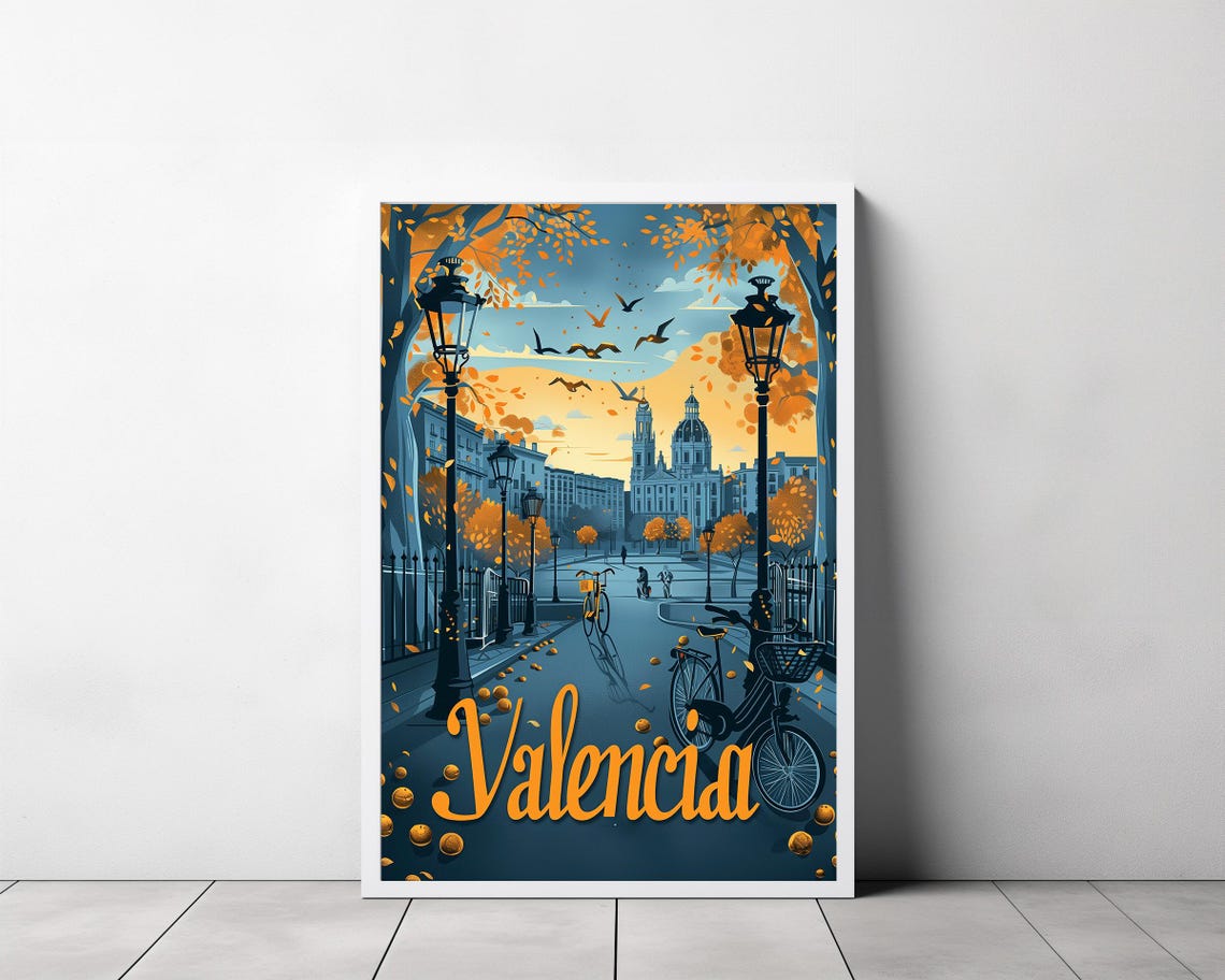 Valencia Spain Vintage Travel Poster With Bicycles At Sunset - Image 3
