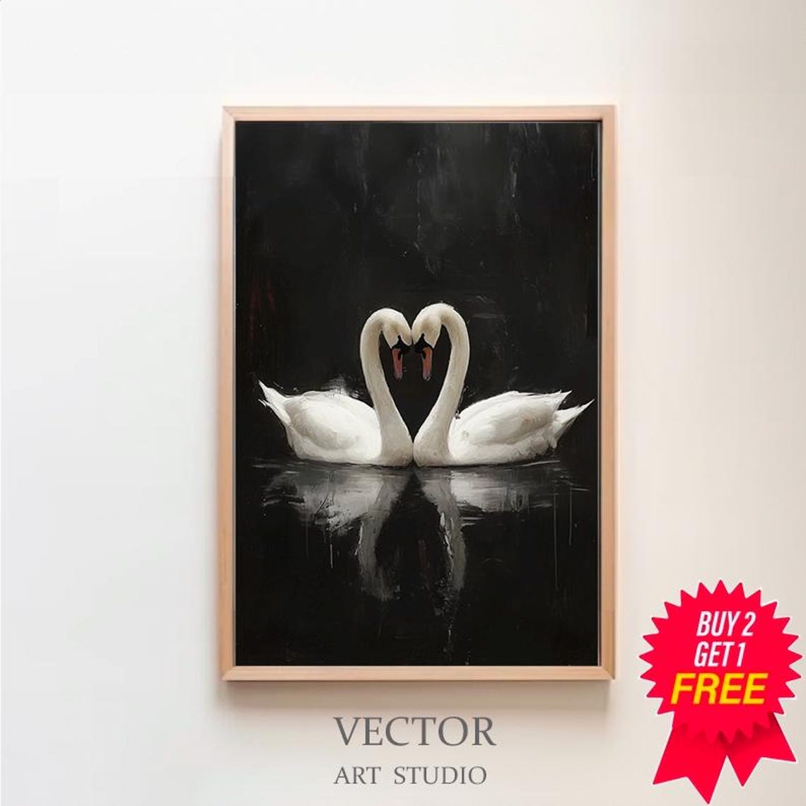 Two Swans Mirrored in a Heart Shape on Black Water Painting Poster