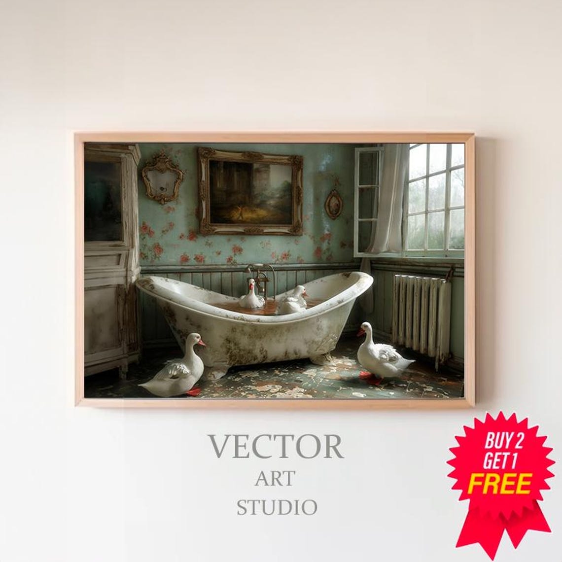 Geese In White Clawfoot Tub Rustic Bathroom Funny Decor Poster