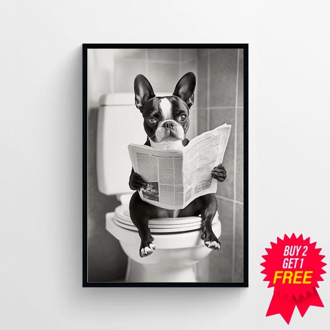 Boston Terrier Sitting on a Toilet Reading the Newspaper Poster - Image 4