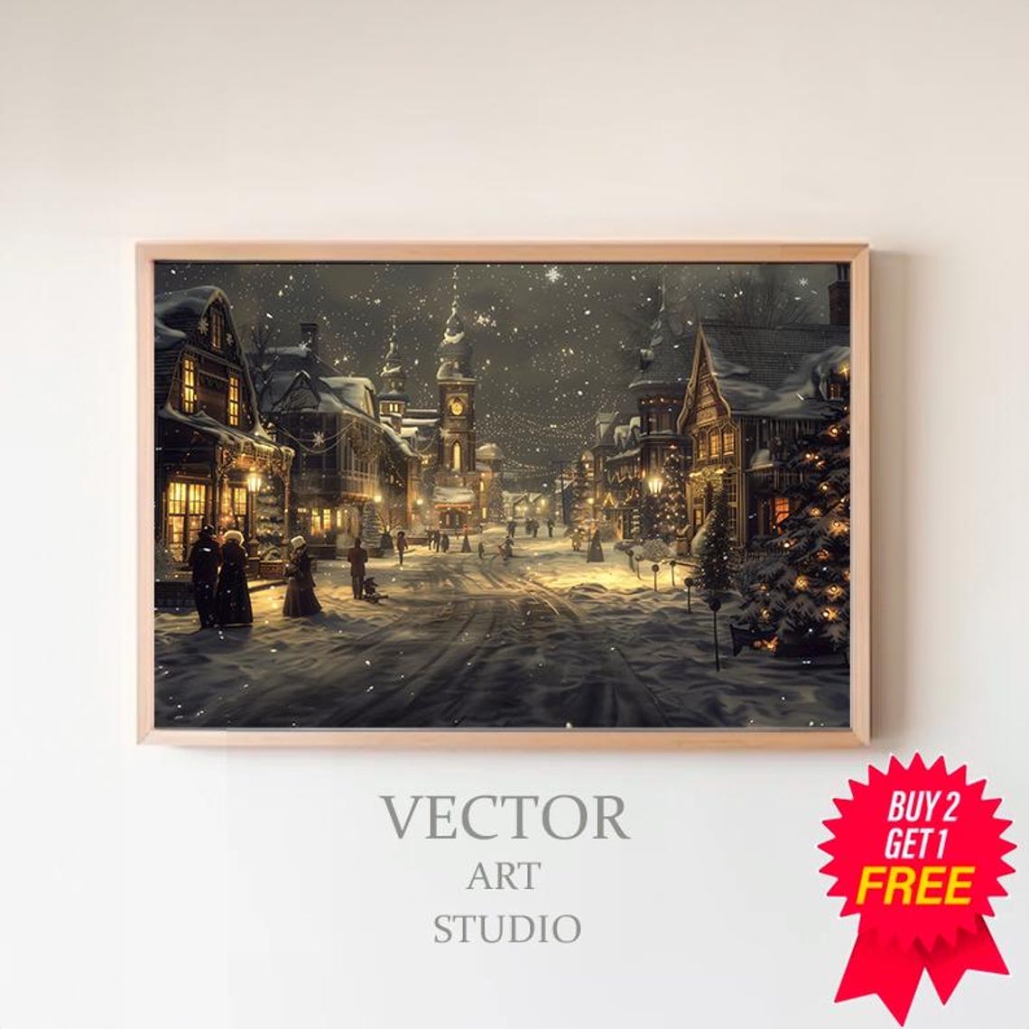 Snowy Village Street Glowing With Lights Under Starry Night Sky Poster