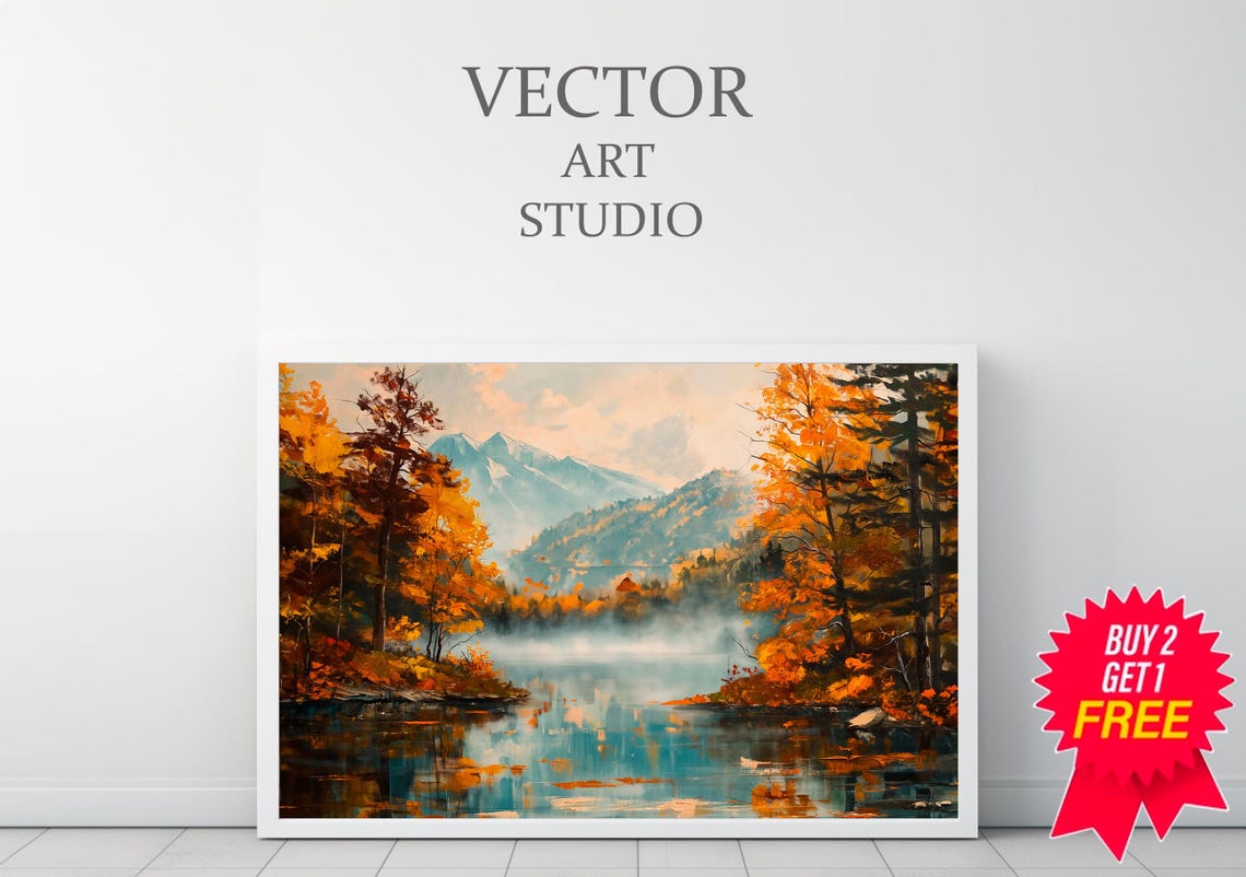 Vintage Rustic Fall Autumn Moody Countryside Painting Farmhouse Decor Print Autumn Landscape Lodge Decor Landscape Print - Image 3
