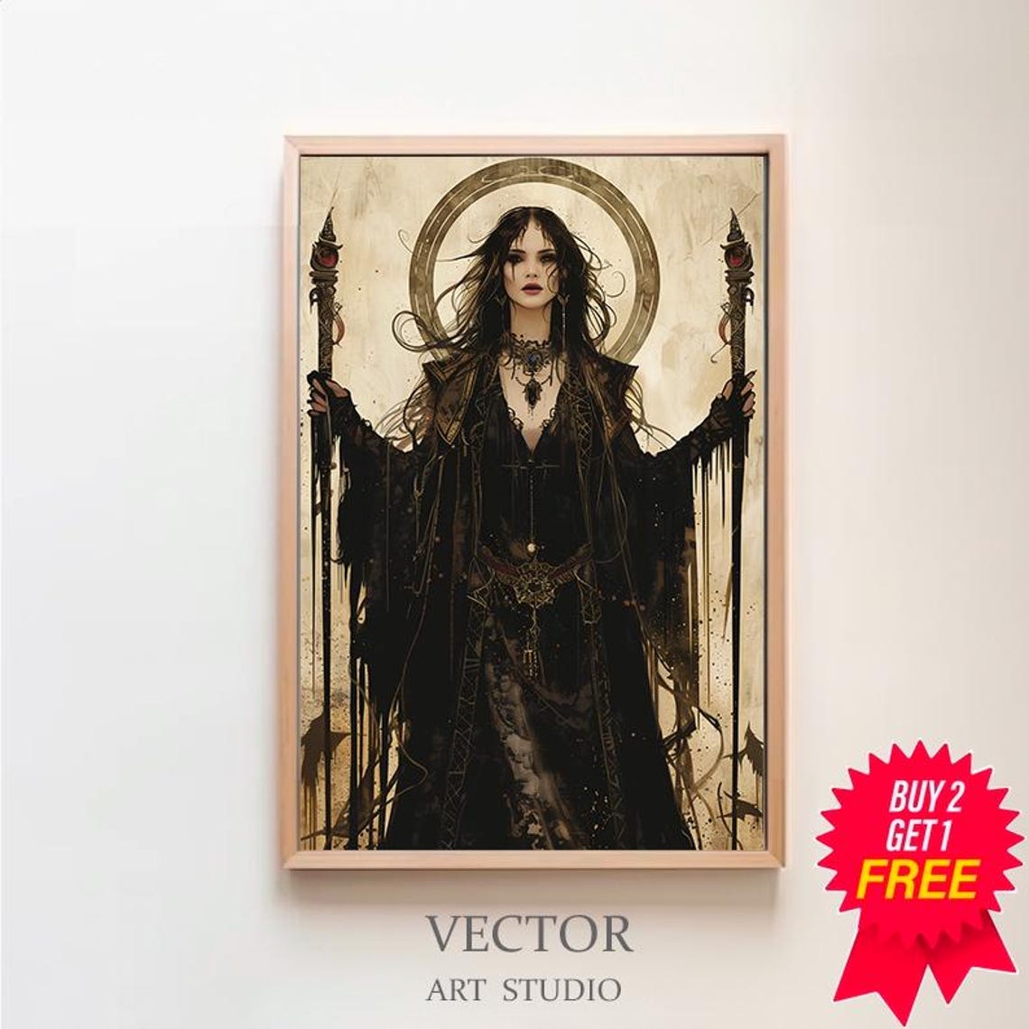 Dark Moon Goddess With Twin Staffs Occult Mythology Fantasy Art Poster