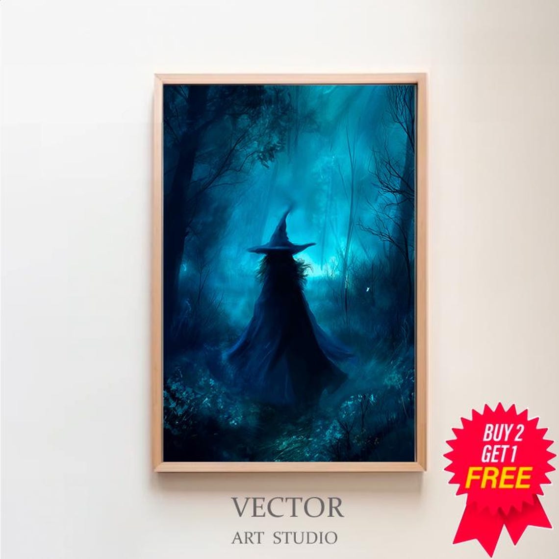 Witch Silhouette in Moonlit Forest Vintage Halloween Painting Poster