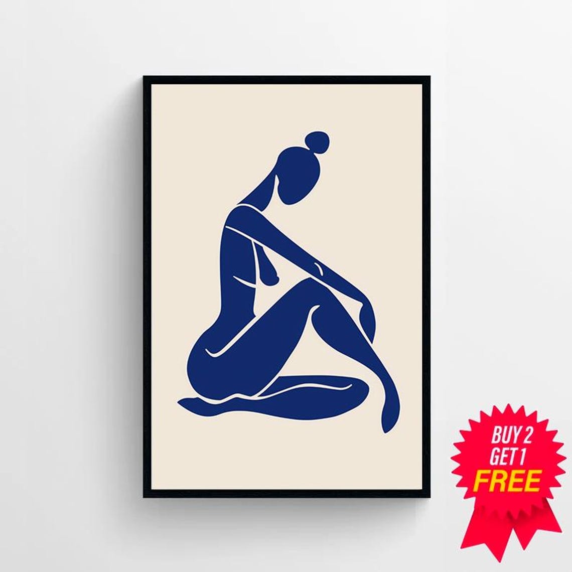 Blue Nude Figure in a Thoughtful Seated Pose Minimalist Poster - Image 4