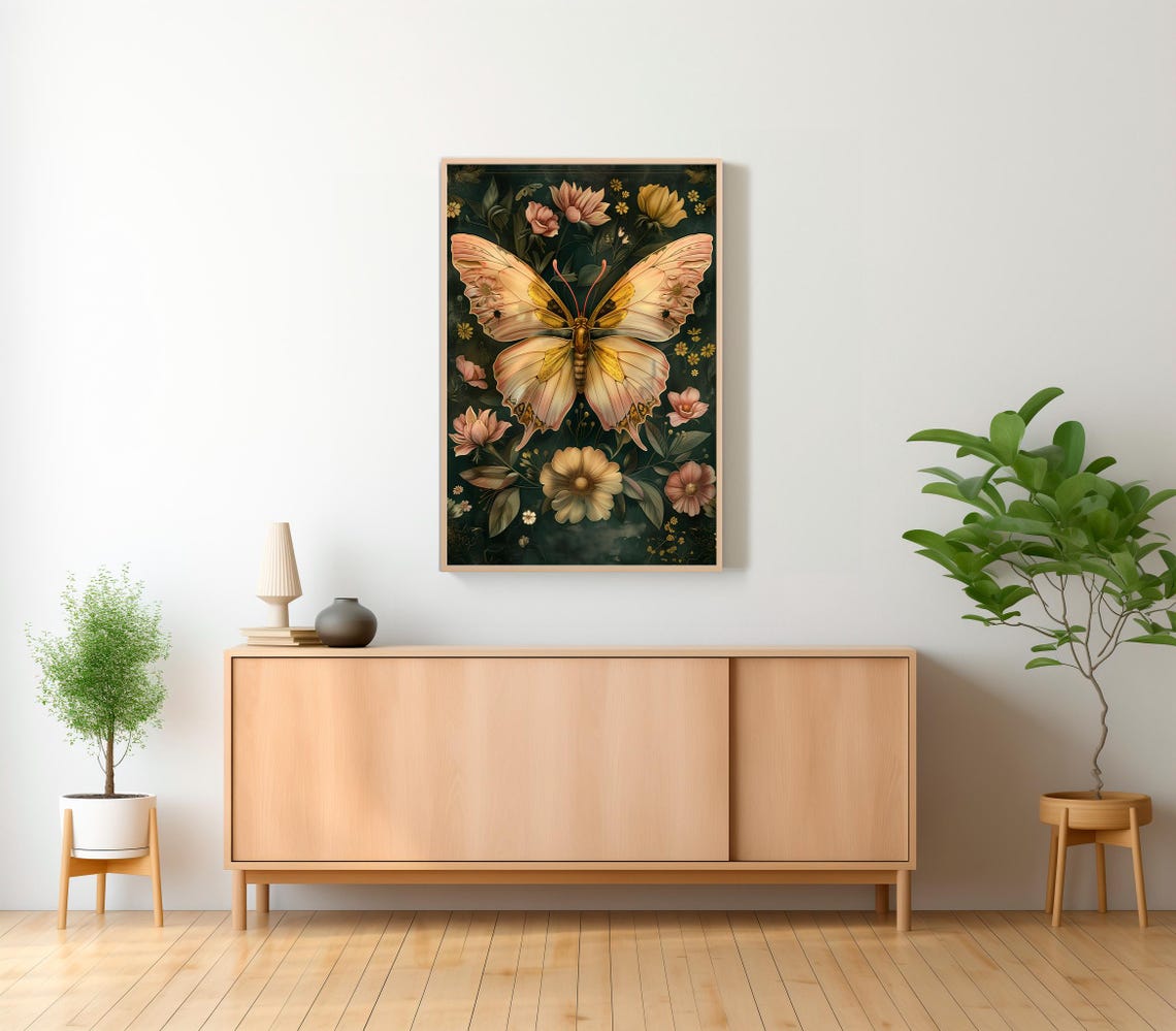 Cream Butterfly Moth on Dark Botanical Floral Vintage Style Poster - Image 2