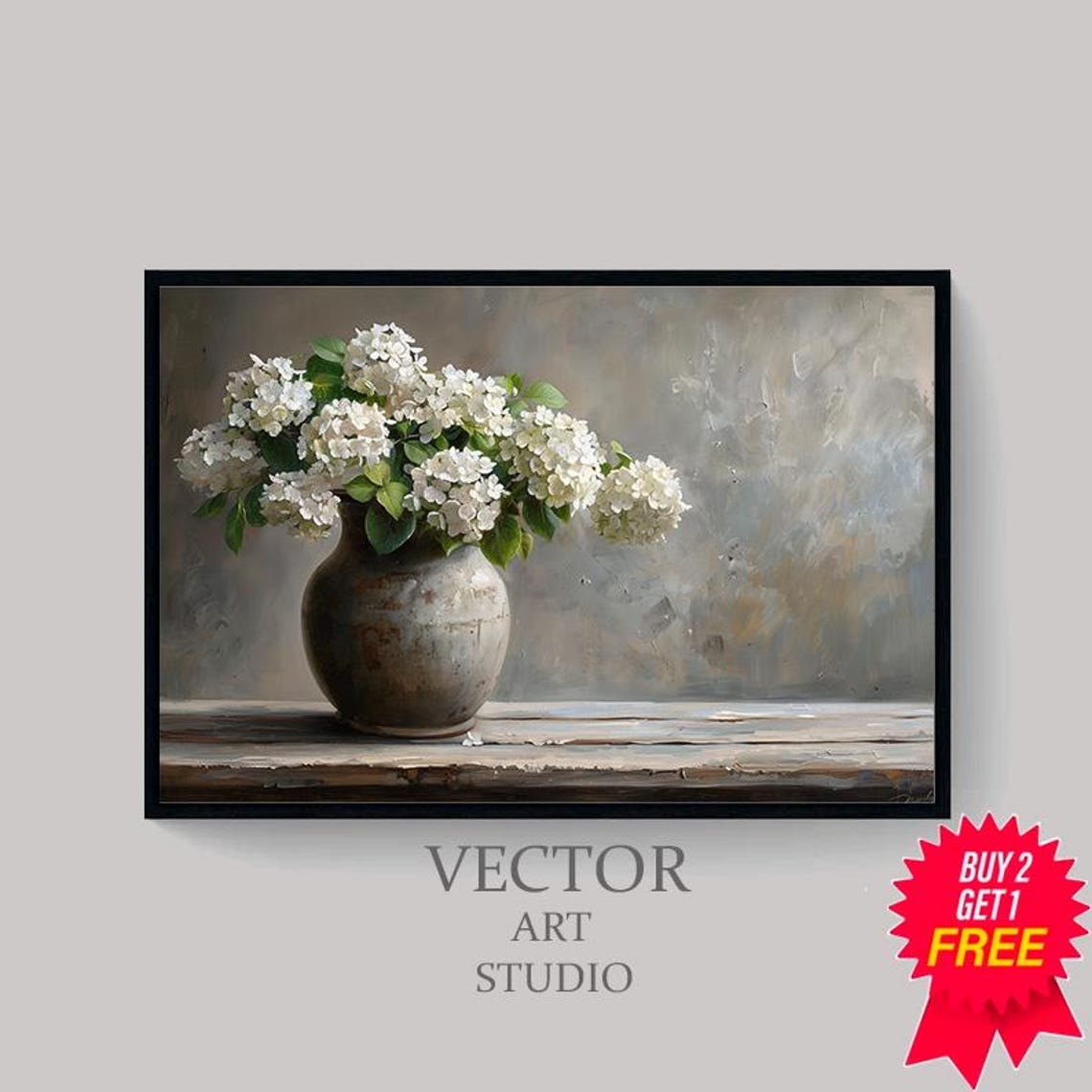 White Hydrangeas in a Rustic Vase on a Wooden Ledge Floral Art Poster - Image 4
