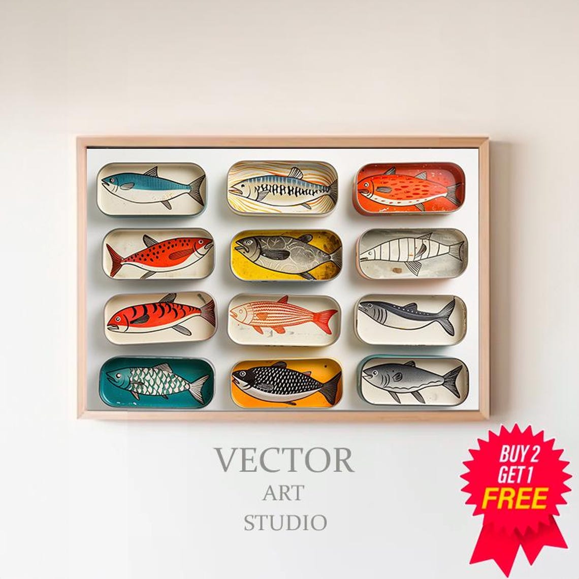 Twelve Painted Fish Sardine Tins in a Grid Kitchen Decor Poster