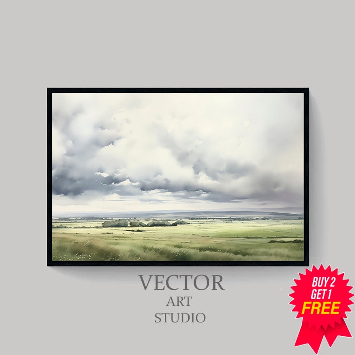 Green Meadow Under Storm Clouds Soft Watercolor Landscape Poster - Image 4