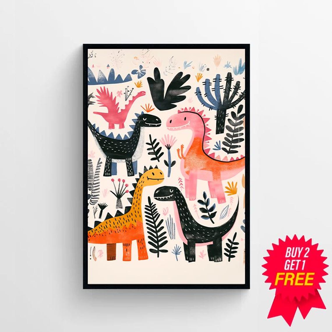 Playful Smiling Dinosaurs Among Prehistoric Plants Nursery Poster - Image 4