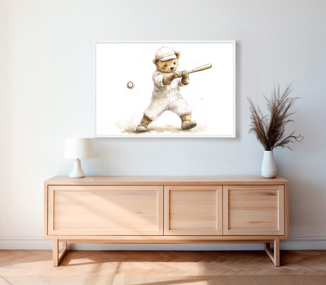 Teddy Bear Baseball Batter Swinging Bat Nursery Sports Poster - Image 2