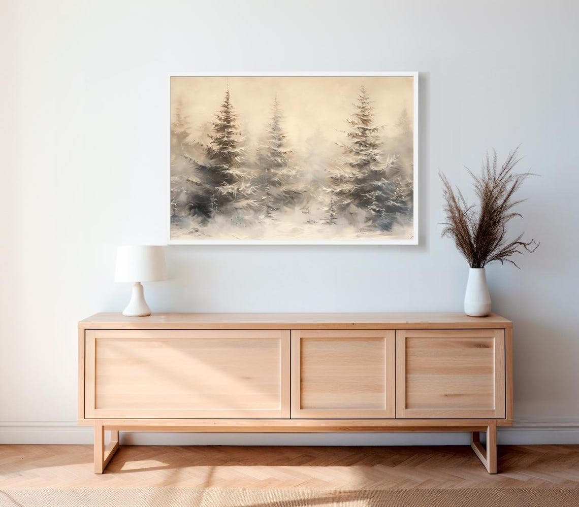 Snowy Golden Twin Pines in Beige Winter Mist Landscape Poster - Image 2