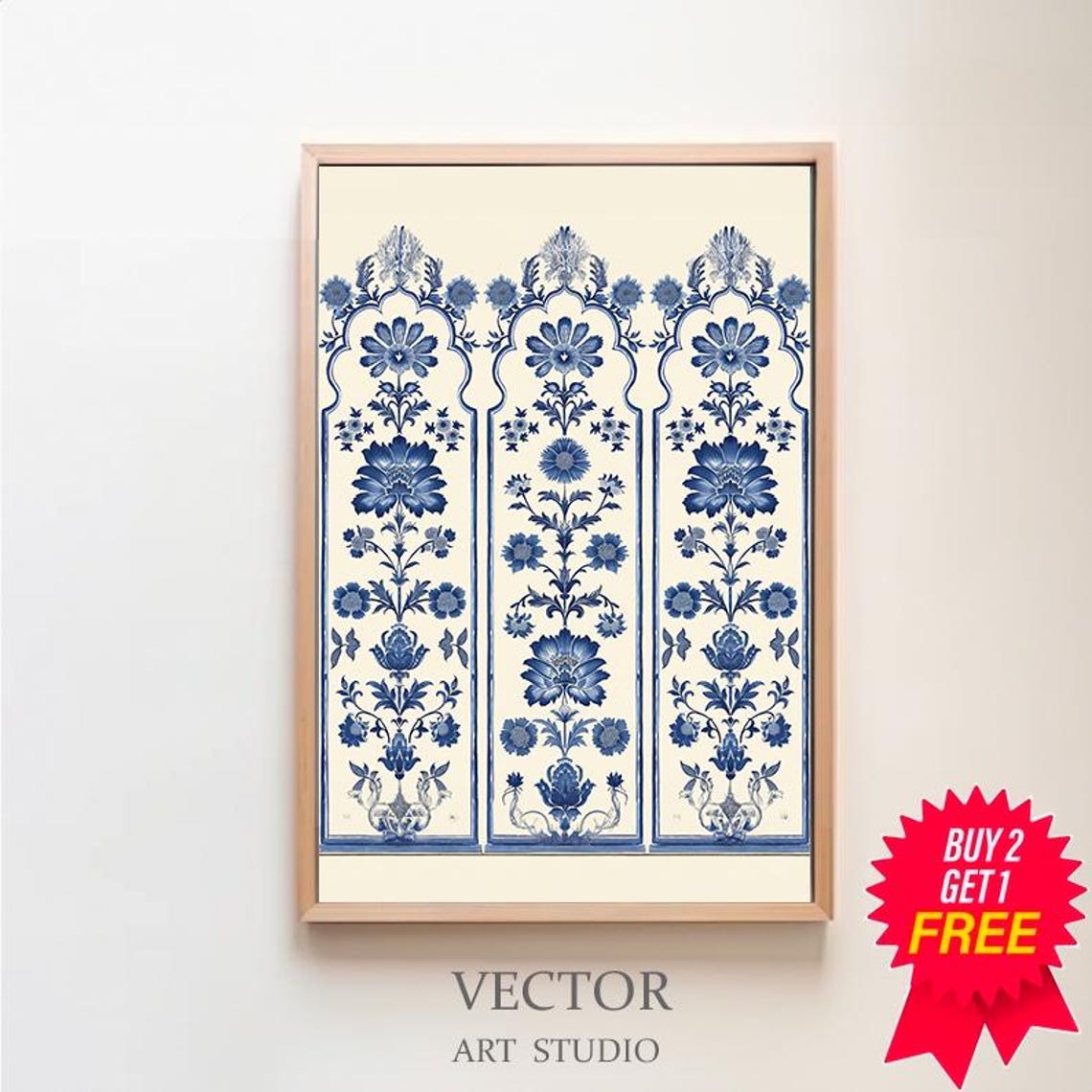 Blue And White Indian Floral Textile Block Pattern Art Poster