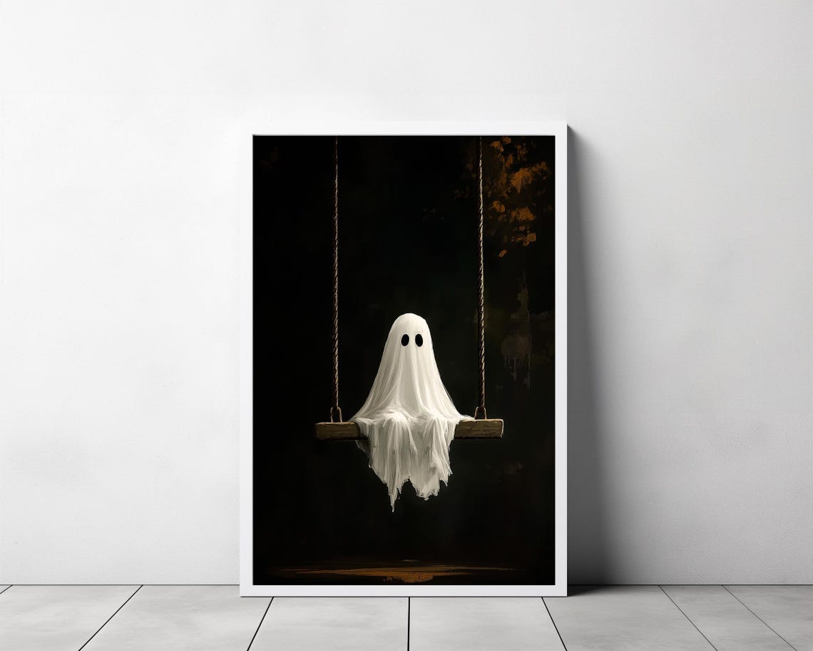 Adorable Sheet Ghost Sitting on a Swing in the Dark Night Poster - Image 3