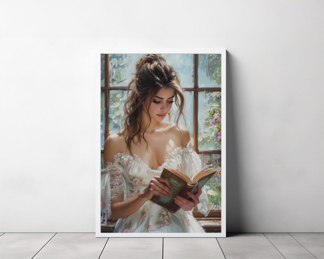 Romantic Woman in a White Dress Reading by a Sunlit Window Poster - Image 3
