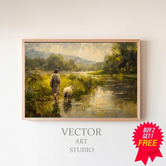 Jesus Leading a Sheep Through a Lush Green Lakeside Meadow Poster