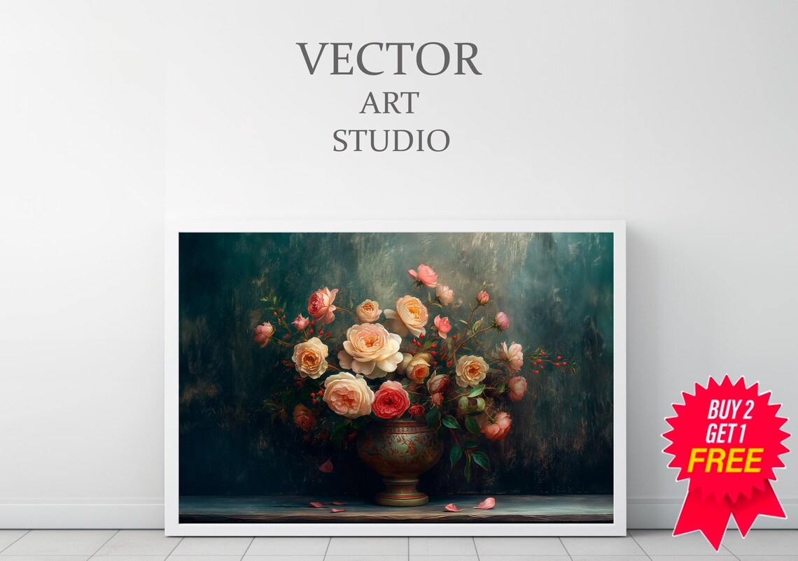 Cream and Blush Roses in a Brass Vase on a Teal Vintage Floral Poster - Image 3