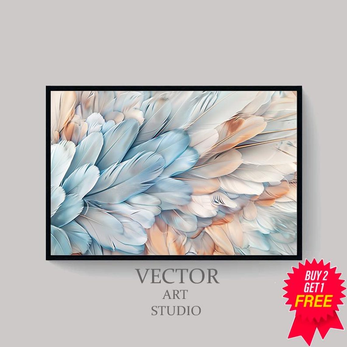 Close Up Feather Painting in Blue Beige and White Tones Poster - Image 4