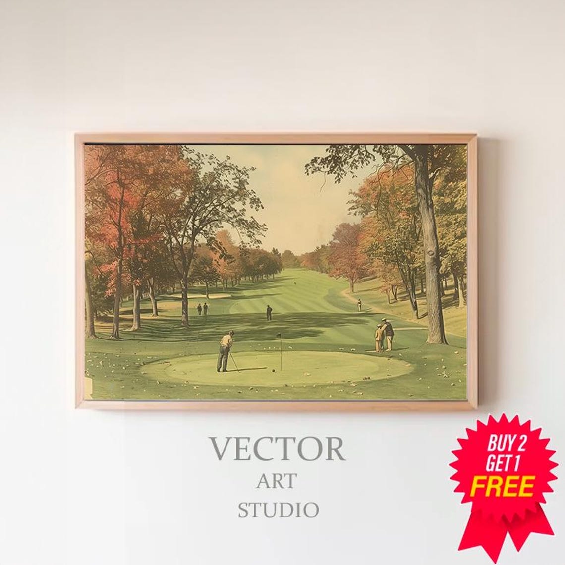 Vintage Golfers Putting on the Autumn Green Landscape Poster