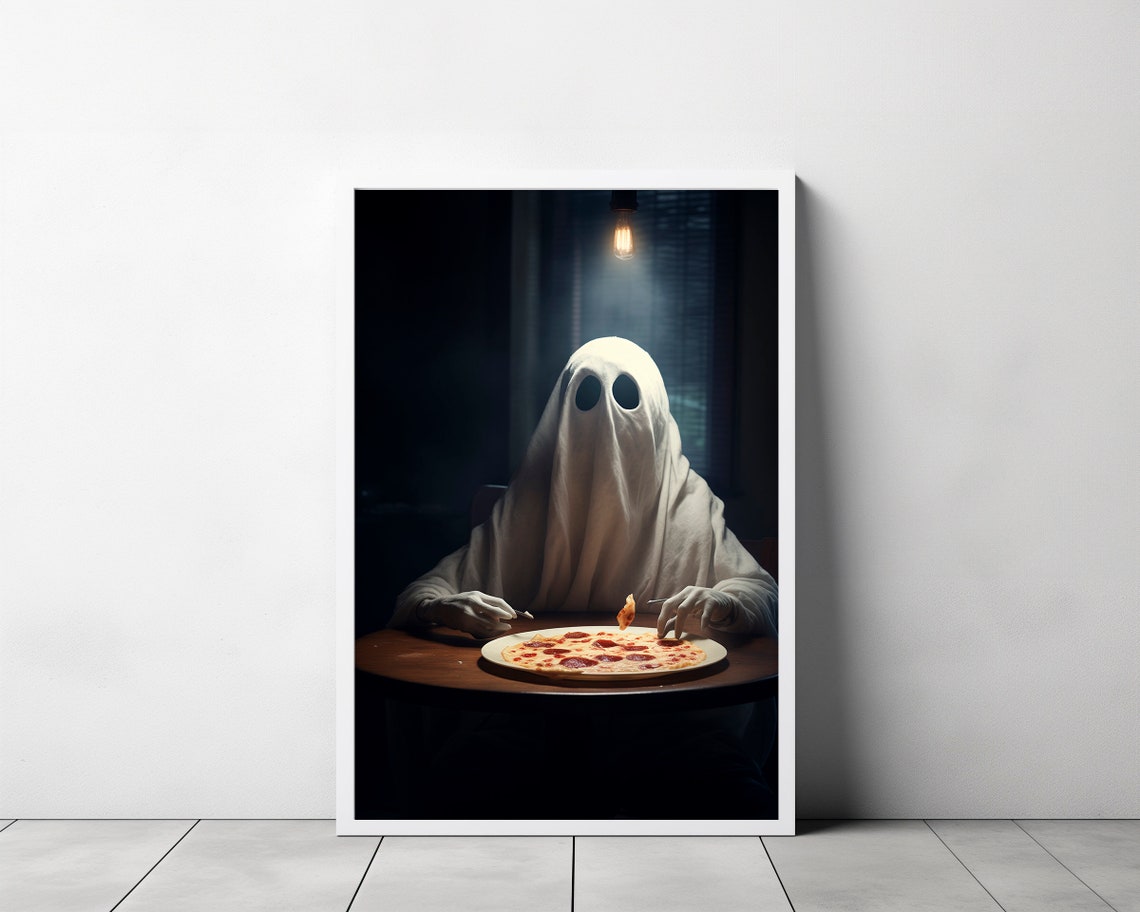 Ghost Eating Pepperoni Pizza Under Hanging Light Spooky Poster - Image 3