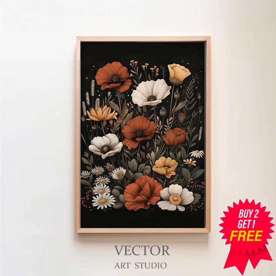 Burnt Orange Poppies with White Wildflowers on a Black Poster