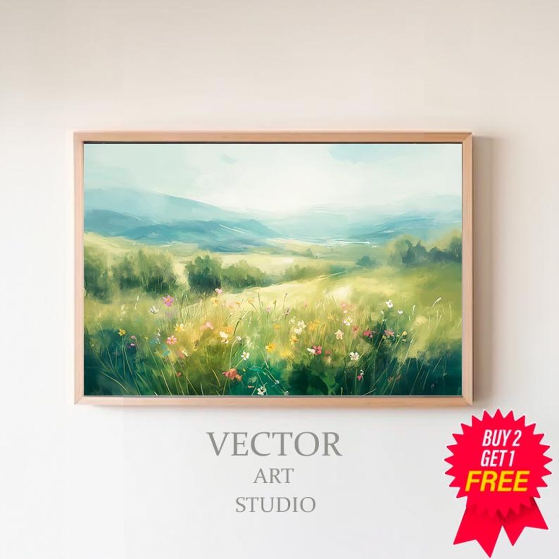 Pastel Wildflower Meadow With Misty Mountains Spring Landscape Poster