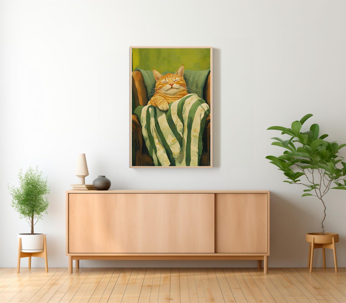 Content Orange Tabby Cat Relaxing in a Cozy Striped Armchair Poster - Image 2