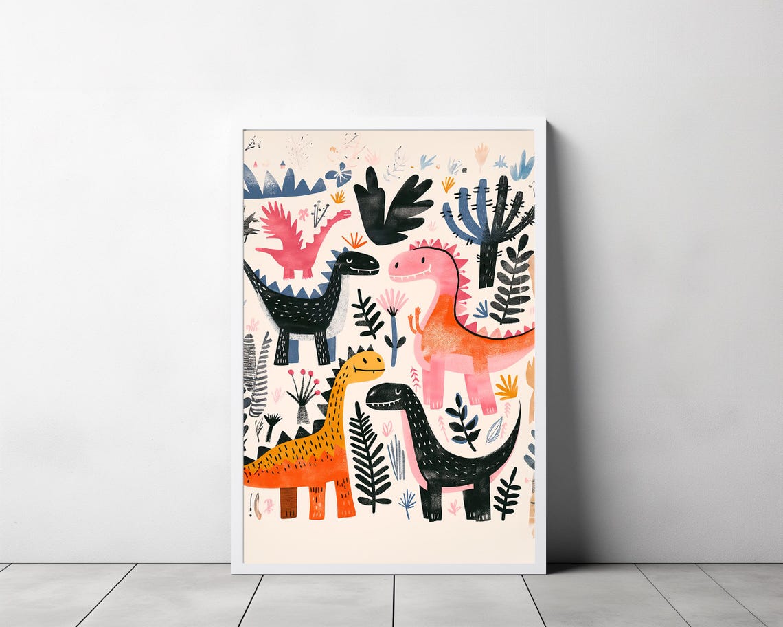 Playful Smiling Dinosaurs Among Prehistoric Plants Nursery Poster - Image 3