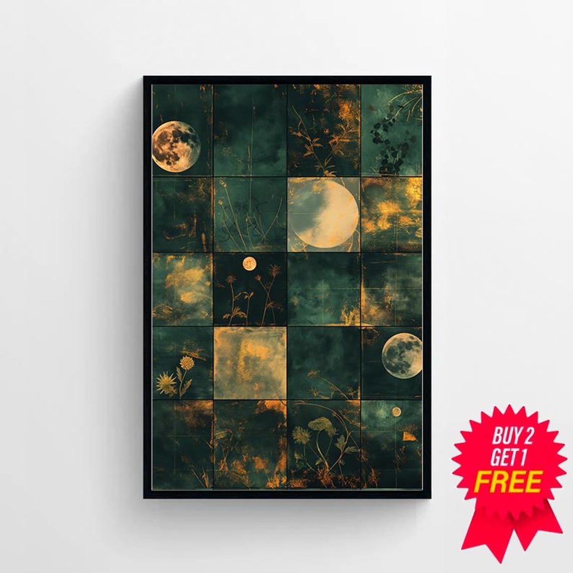 Midnight Moon Phases Grid with Golden Botanical Details Poster - Image 4