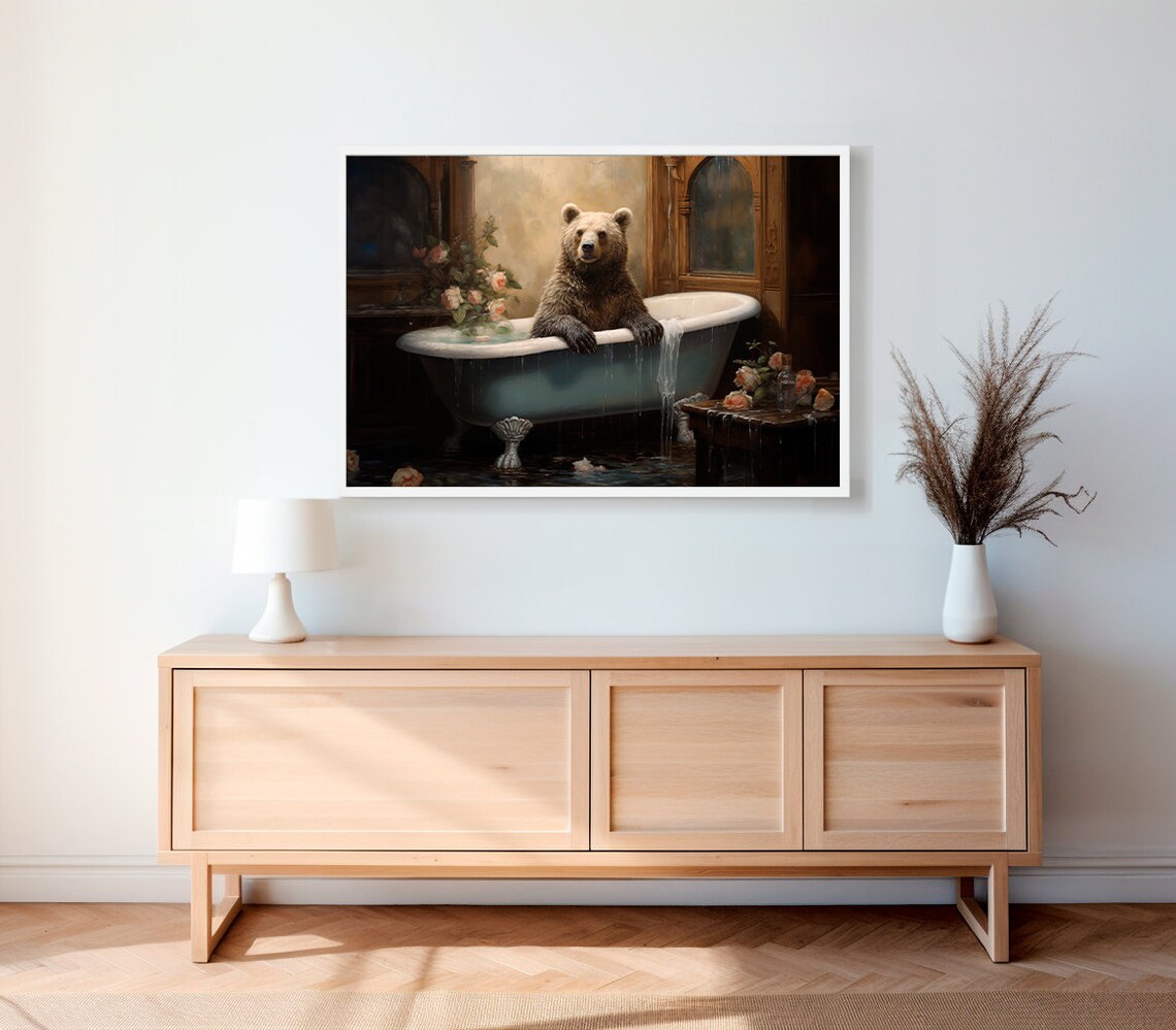 Brown Bear Relaxing in Vintage Clawfoot Bathtub Funny Animal Art Poster - Image 2